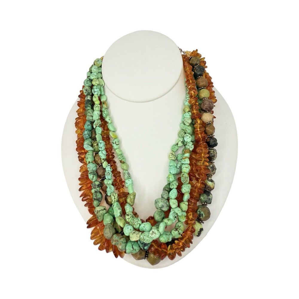 M Salazar 925 Sterling Silver Amber Turquoise Multistrand Statement Necklace 19" - Picture 4 of 16